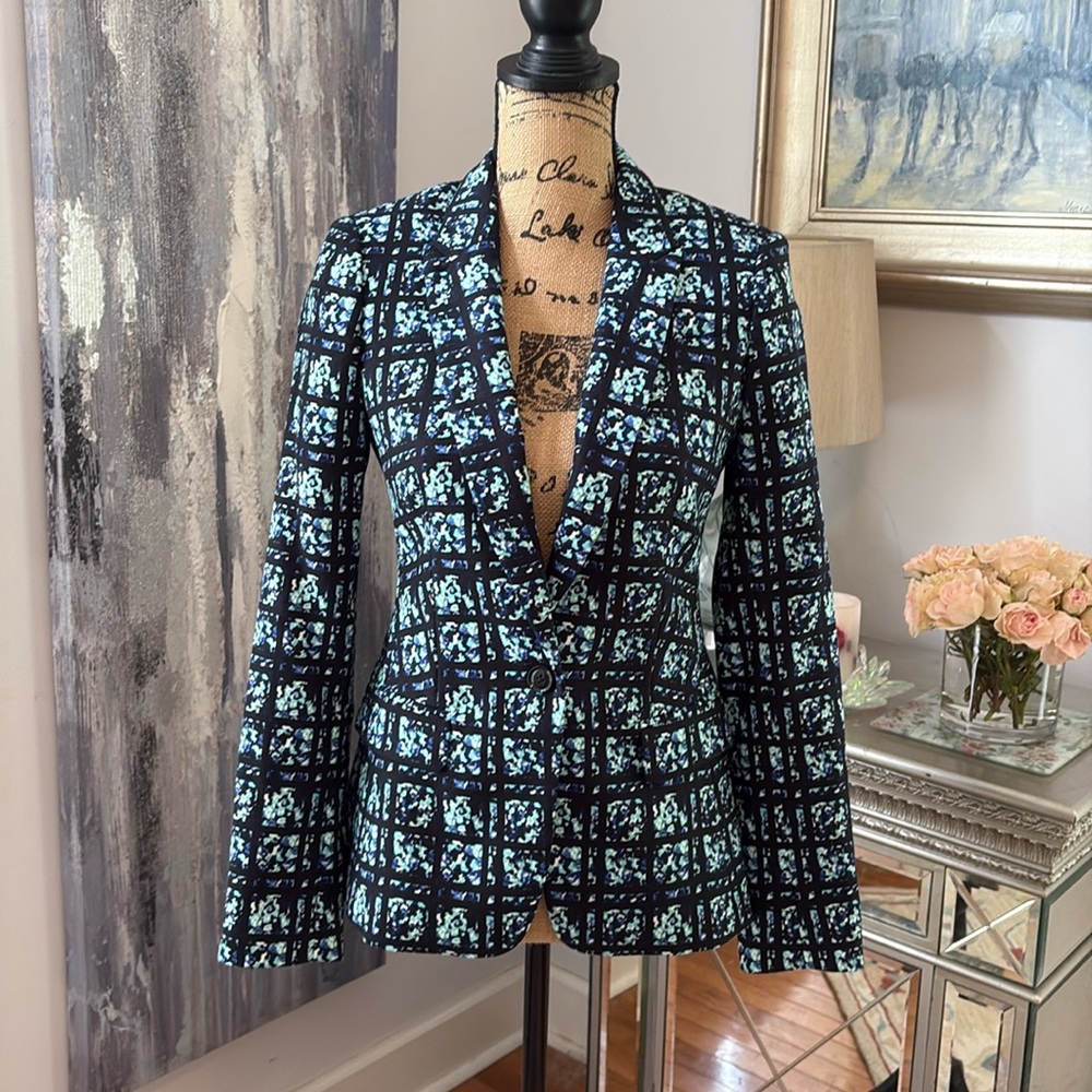 BANANA REPUBLIC contemporary blue green aqua plaid blazer jacket XS 0 summer